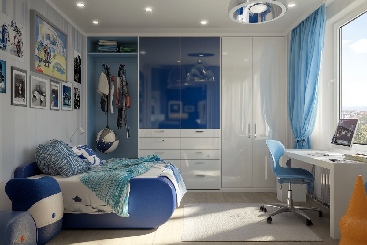 Contemporay Boys Room Design With Blue And White Swing Wardrobe Contemporay Boys Room Design With Blue And White Swing Wardrobe